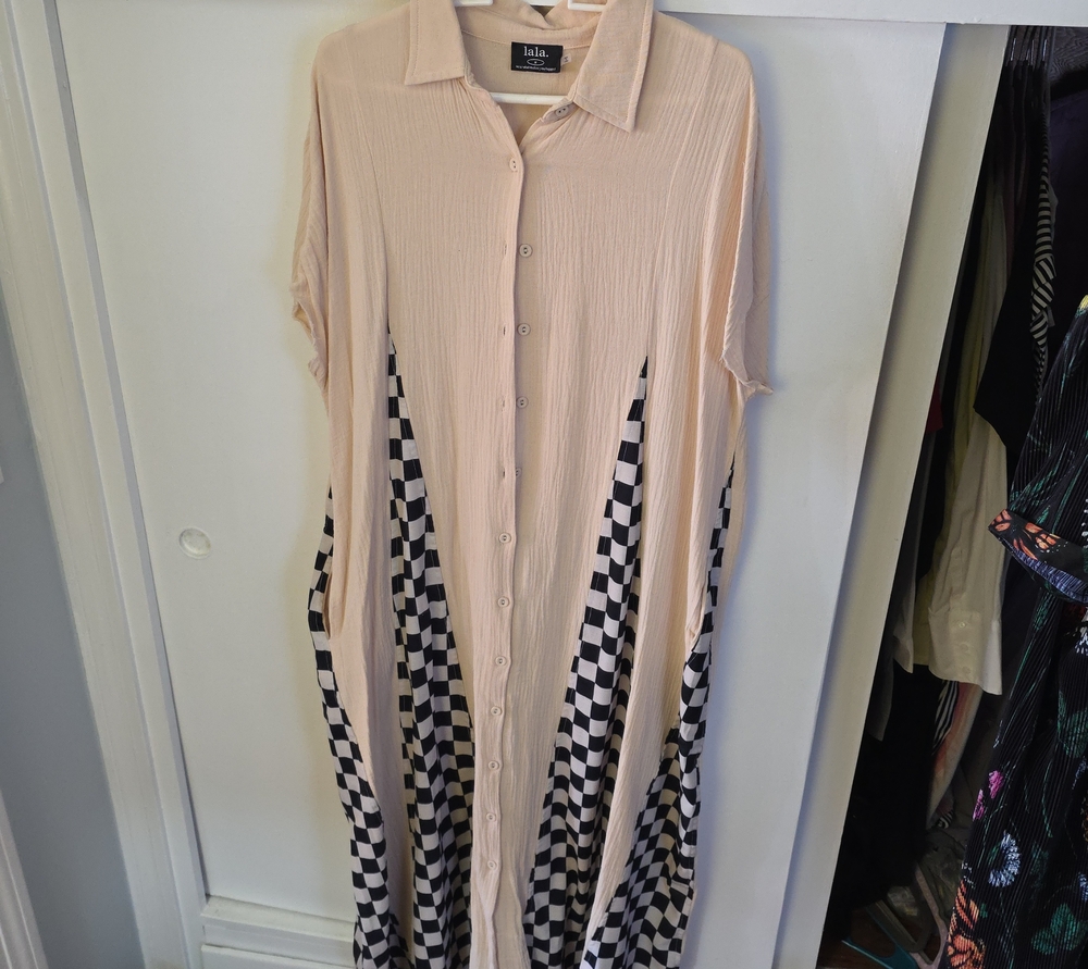Beige Button-Front Maxi Dress with Checker Panel